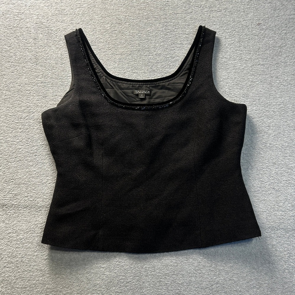 Tahari Sleeveless Shell Top Womens 12 Black Beaded Career Party Evening Blouse